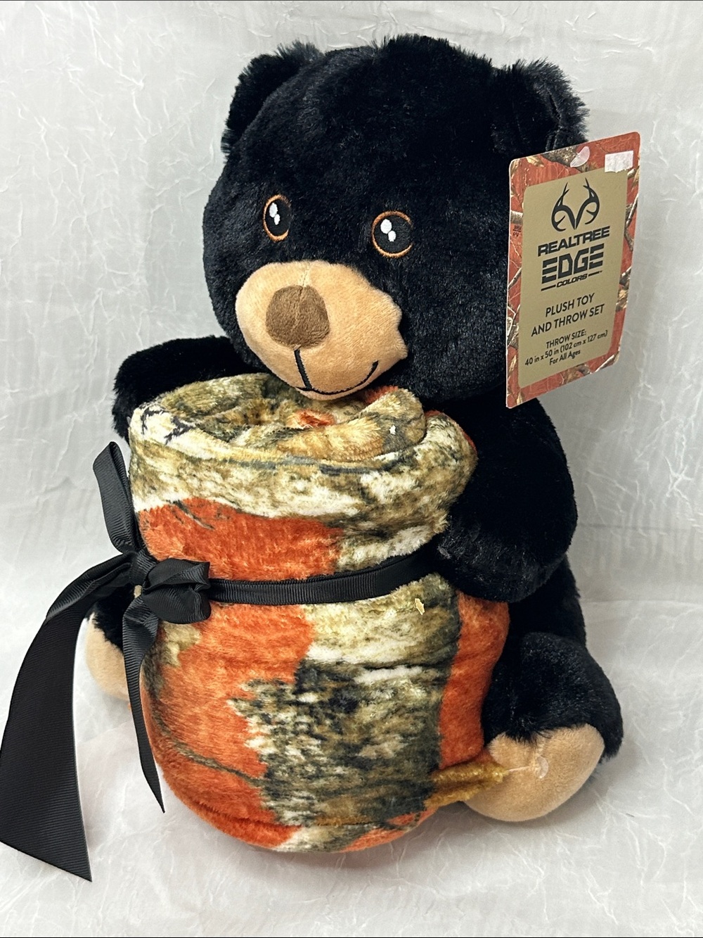 Realtree Black Bear Plush Toy with Orange Camo Throw